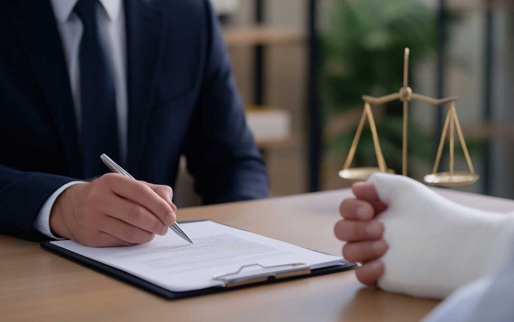A person photographing a bruise on their arm with a smartphone next to a notepad and pen.